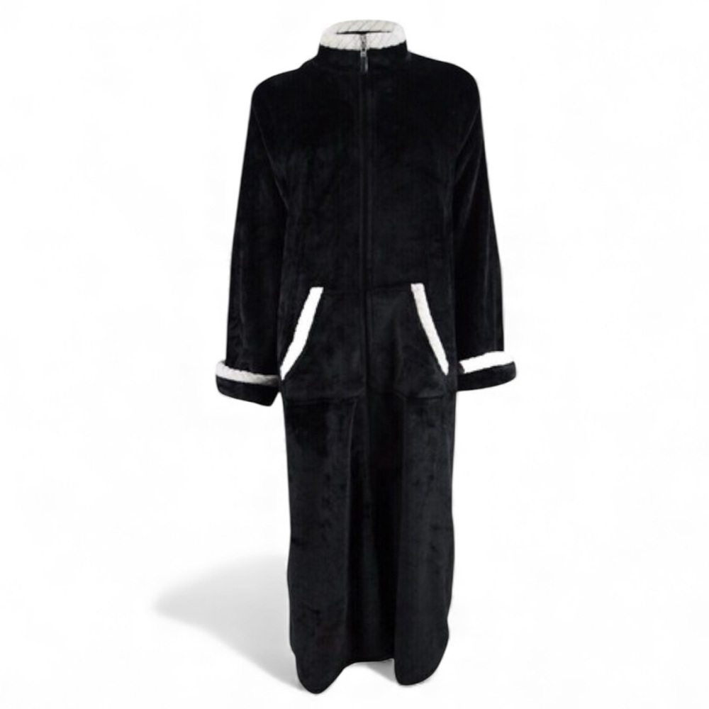 MISS ELAINE Plush Black Maxi Fleece Robe Full Front Zip White Rope Trim Size XL - Picture 10 of 13